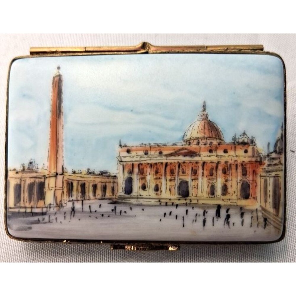 VandM Limoges Peint Main Trinket Box Vatican Postcard Marquise de Pompadour
